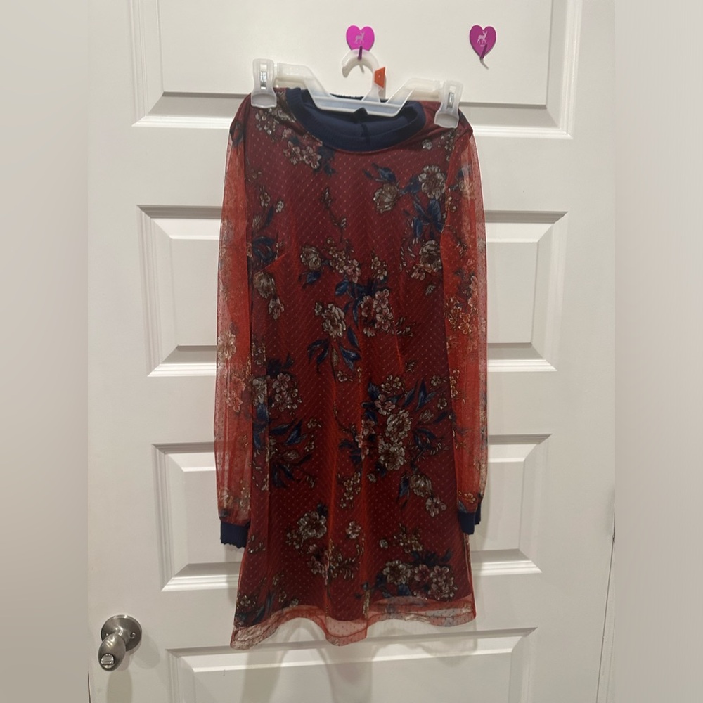 Long sleeve mesh burgundy and navy dress - Picture 5 of 14